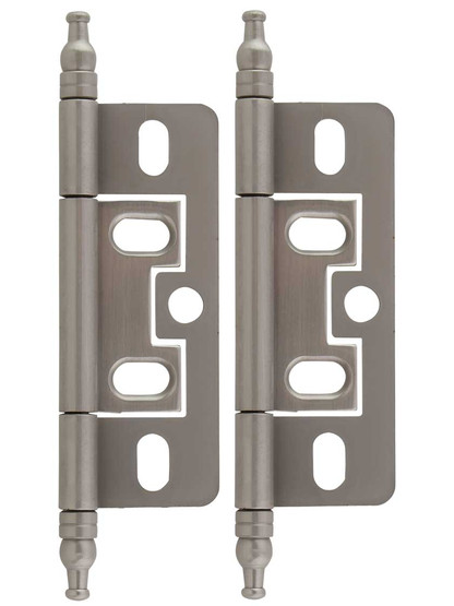 Pair of Solid Brass 2 1/2 inch Non-Mortise Minaret-Tip Cabinet Hinges in Satin Nickel.